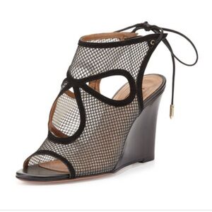 Aquazzura Black Mesh Lace-Up Wedges